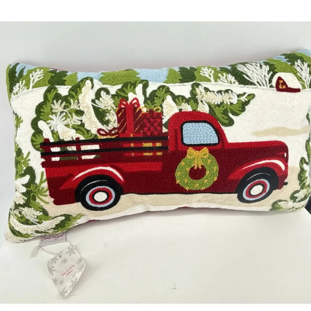 Christmas Red Truck Wreath Gifts Hooked Decorative Pillow 21x14 Comet & Cupid